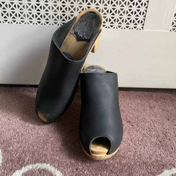 Sven wooden and leather peep toe mule clogs - Picture 3 of 6